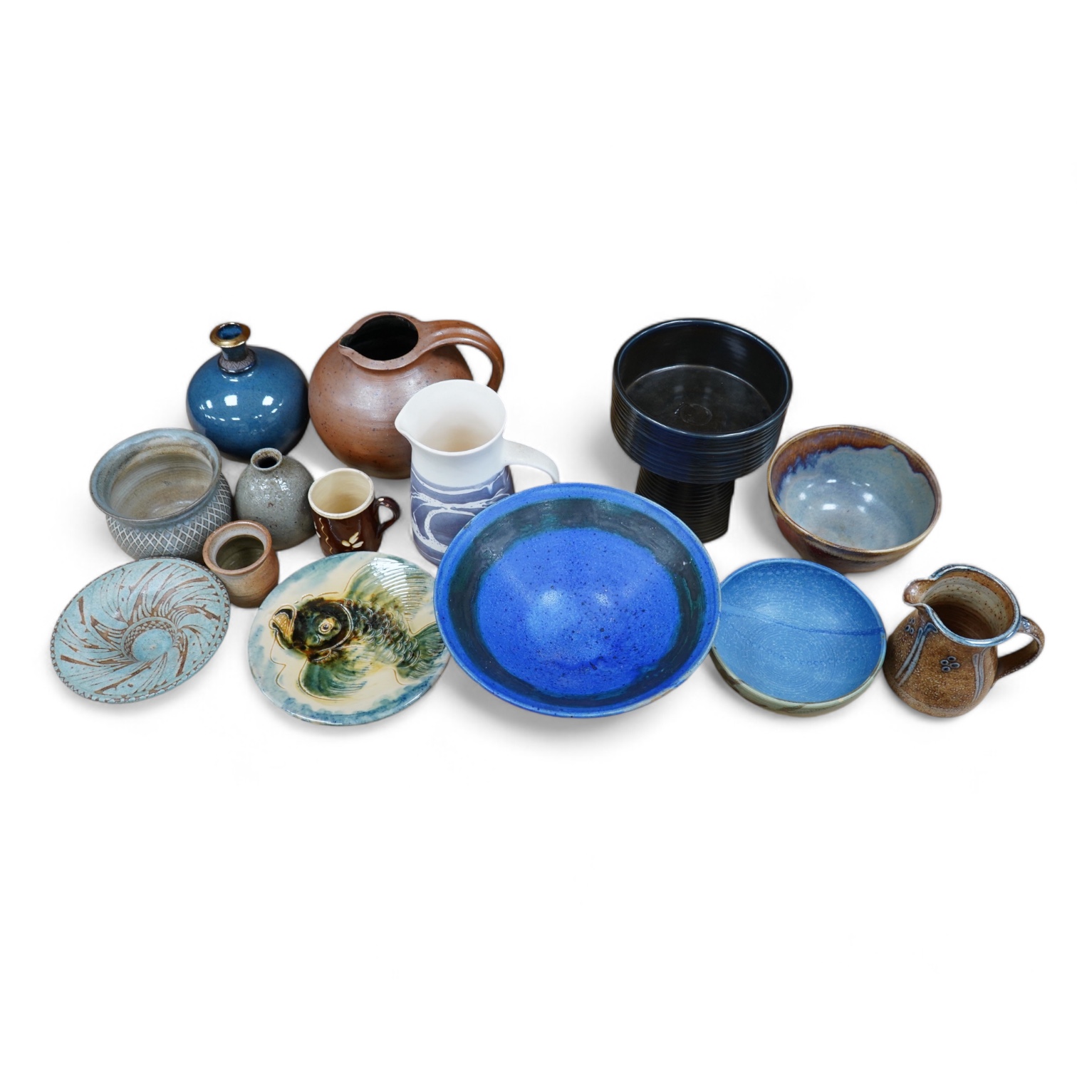 A collection of fourteen mixed studio pottery vases, bowls and jugs etc. Condition - good